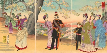 Japanese Painting - The Emperor Empress Crown Prince and court ladies on an outing to Asuka Park Toyohara Chikanobu Japanese